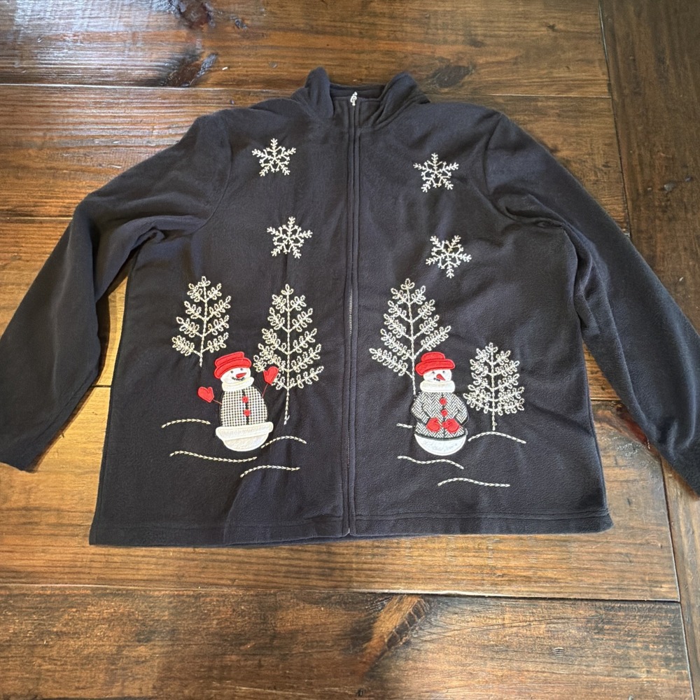 C.B. Casual Womens XL Black Fleece Jacket Snowman Christmas Embroidered Full Zip